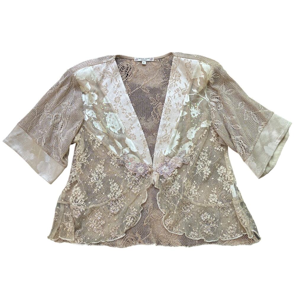 Spencer Alexis Vintage Floral Goldtone Lace Kimono Jacket Frog Closure Size L - Picture 4 of 8